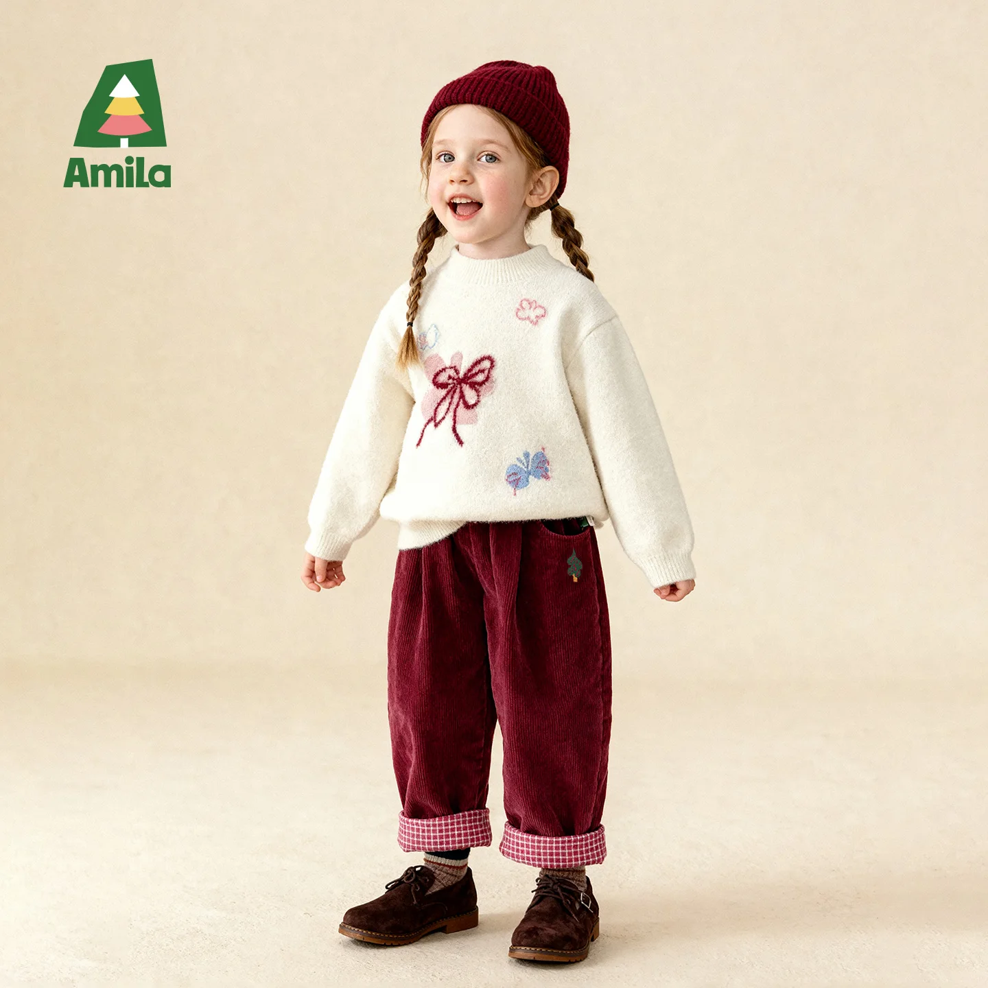 Amila Kids 2026  Children's Winter Loose Casual Pants Solid Color Fabric Inner Plaid Splicing Casual Retro Warmth