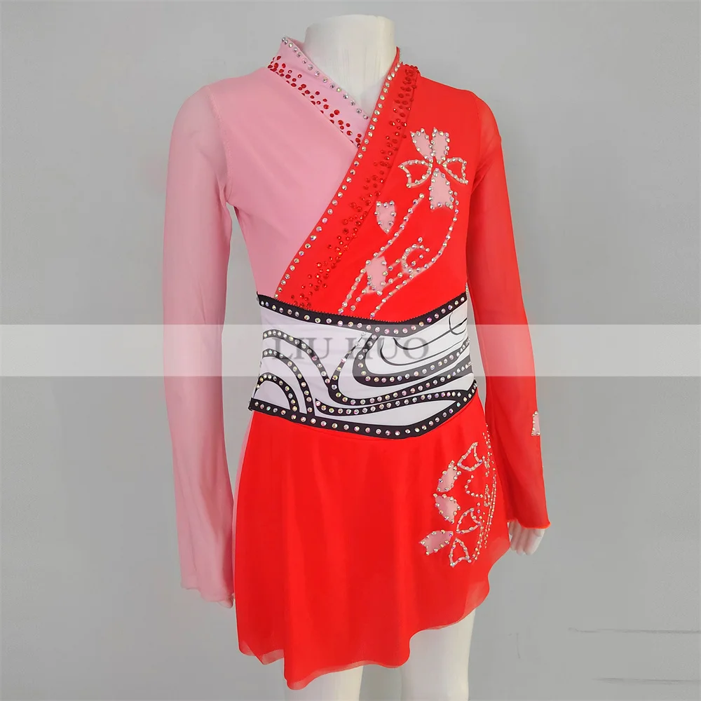 LIUHUO-vestido de patinaje artístico sobre hielo para mujer y niña, traje de leotardo de competición de gimnasia rítmica, Ballet moderno con rodillo rojo