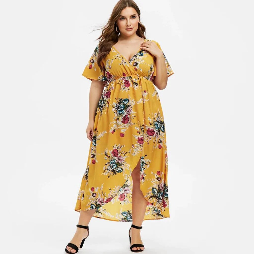 

Fashion Plus Size Dress Women Short Sleeve Floral Printed Bell Sleeve High Low Maxi Dress Summer Clothes For Women Maxi Jurk Hot