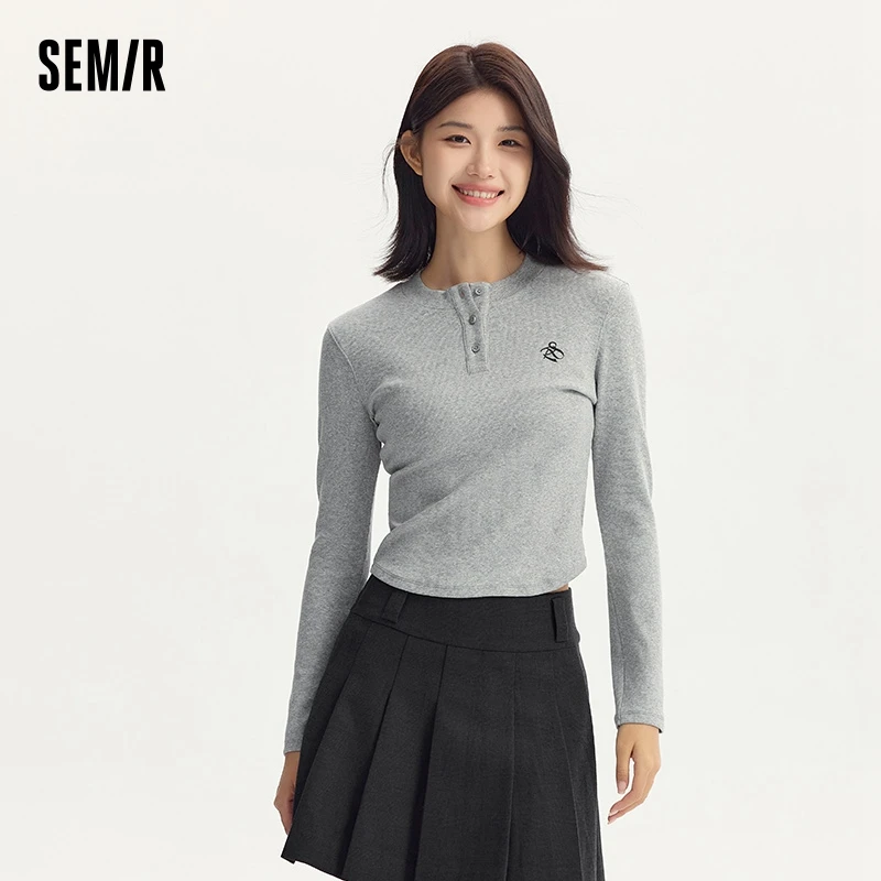 Semir Long Sleeve T-Shirt Women Short Round Neck Tall and Versatile 2024 Autumn New Slimming Simple Tight Base Shirt