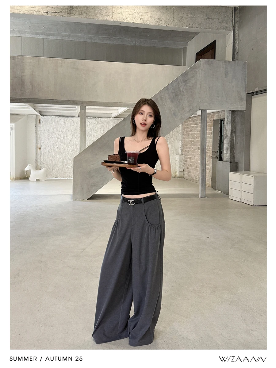 

WizAann Women's Loose Wide Leg Pants Folded Draped Trousers High Waist Long Pants Not Piy about Legs Commute Sle