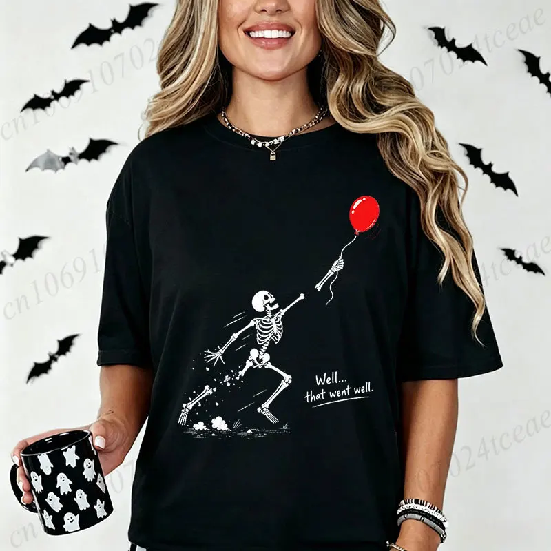 Sarcastic Well Shit Skeleton Holding Red Balloon T-shirt Women Halloween Funny Skull Print Crew Neck Casual Short Sleeve Tops