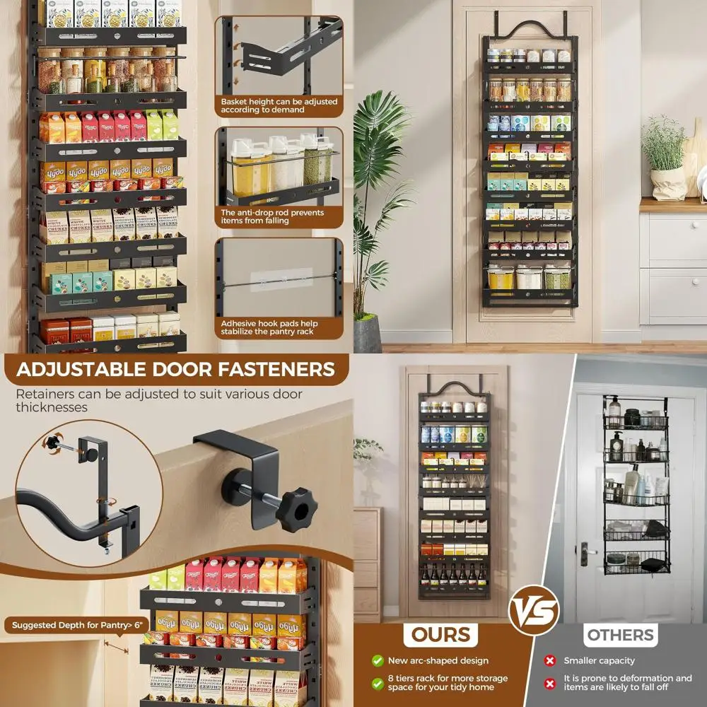 

8-Tier Door Pantry Organizer, Large 2-in-1 Wall/Hanging Spice Rack, Adjustable Basket Storage, Black