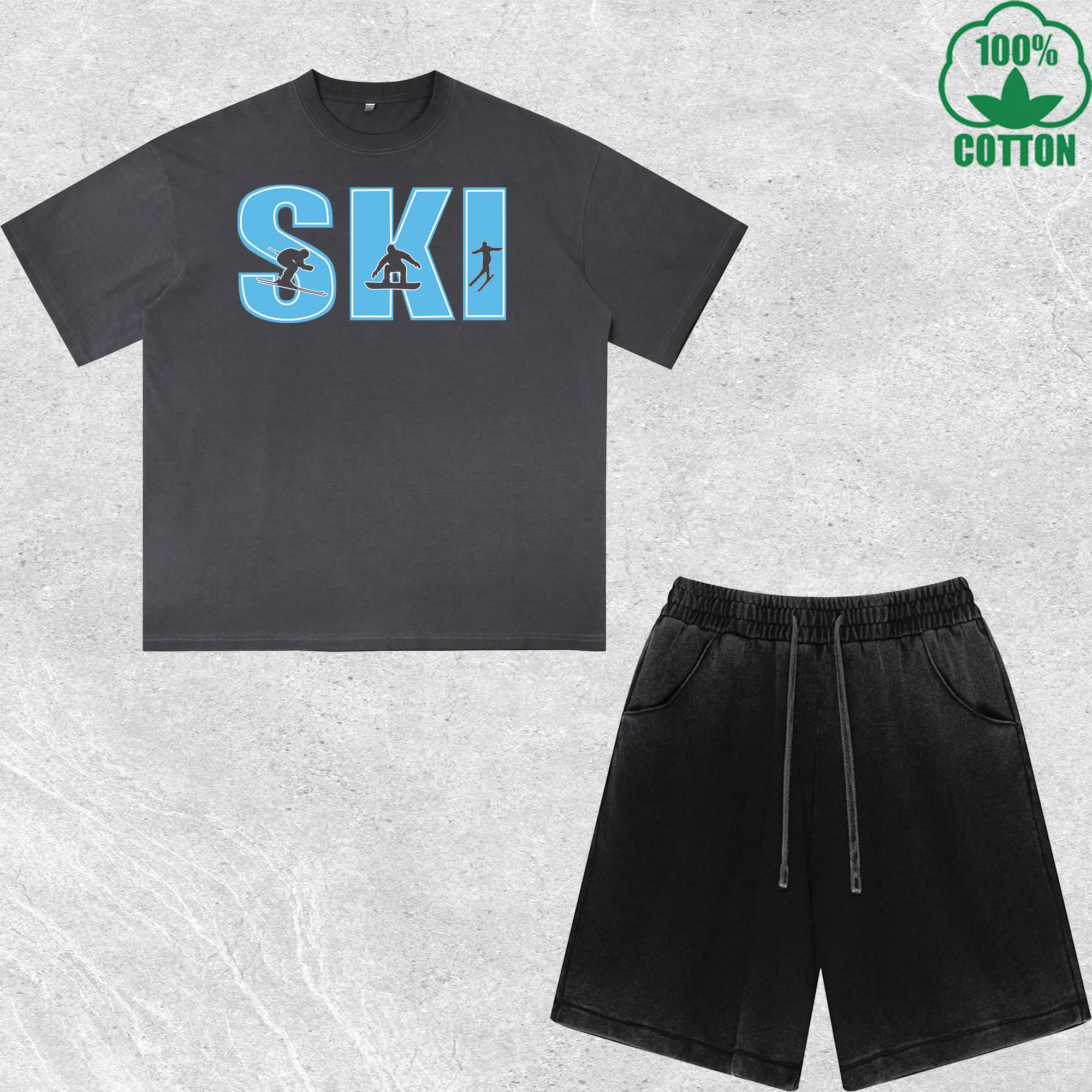 

Ski Expert Printed Dirty Wash T-Shirt Shorts Set Multicolor Combo Loose Trendy Fashionable 100%Cotton