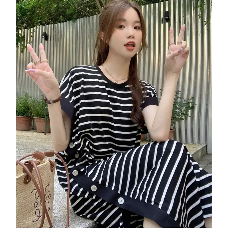 Fashion O-Neck Split Button Printed Striped Casual Dresses Female Clothing 2024 Summer New Loose Korean Short Sleeve Mini Dress