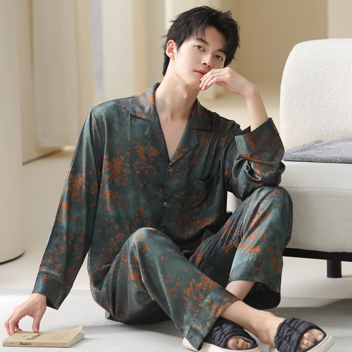 Men Pyjamas Set Ice Silk Satin Autumn Long Sleeve Fashion Print Men Pajamas Suit Spring Nightwear Lapel Collar Pijamas Hombre