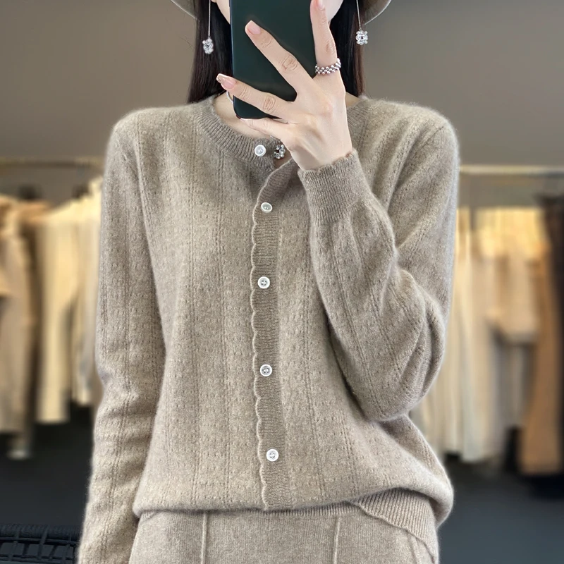 

100% Pure Wool Autumn Winter Clothing Women Sweater Knitwear Cardigan Casual Criss-Cross Outerwears Open Stitch Long Sleeve Tops