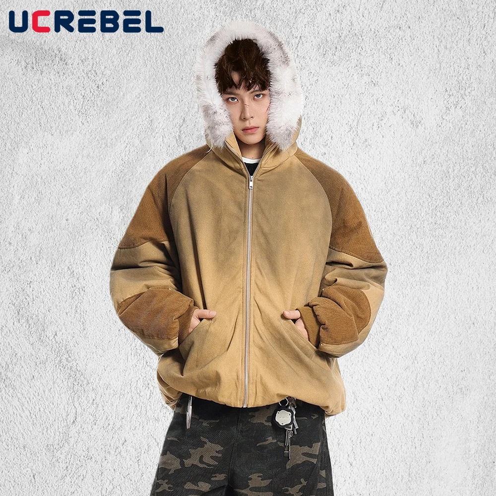 

Corduroy Patchwork Hooded Padded Jacket Mens Winter High Street Distressed Loose Long Sleeve Fur Collar Thick Quilted Jacket Man
