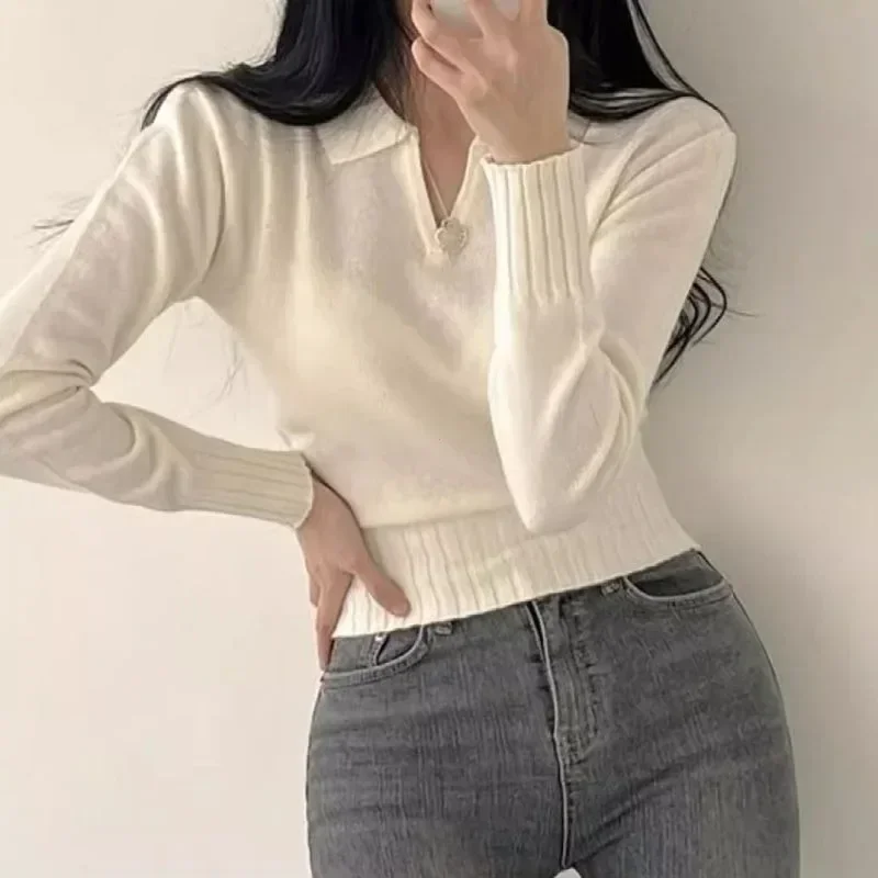 2024 Chic Turndown Collar Sweaters Female Gray Slim Fit Long Sleeve Cropped Sweater for Woman Streetwear Knit Pullovers