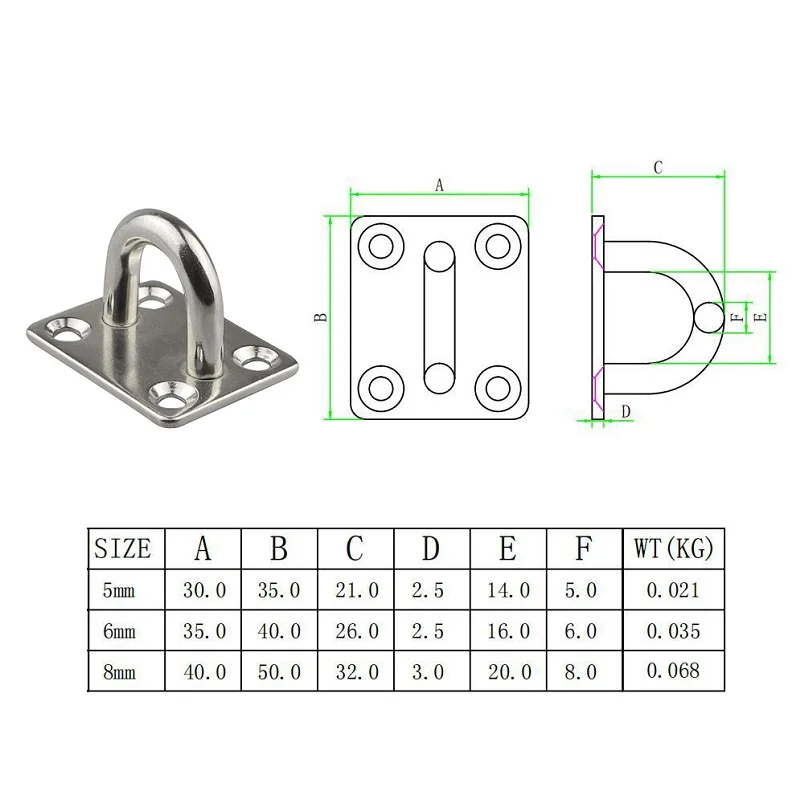 5PCS Stainless Steel Square Pad Eye Plate Hook 5mm/6mm/8mm Hanger Heavy Duty Ceiling Wall Boating Yacht Shade Sailing Marine