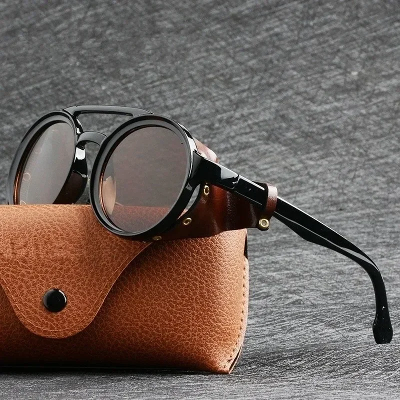 

Steampunk Shields Sunglasses Men Women Classic SunGlasses With Side Leather Round Eyewear Pink UV400 Lens