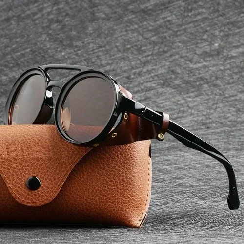 Gafas de sol Steampunk Shields para hombre y mujer, gafas de sol clásicas con gafas redondas de cuero lateral, lentes rosas UV400