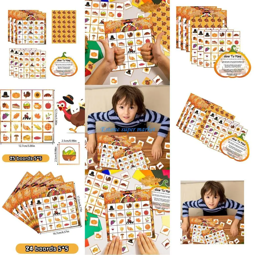 090B Thanksgiving Themed Bingo Card Set Board Game Playing Card Entertainment Toy for Children and Classroom Event
