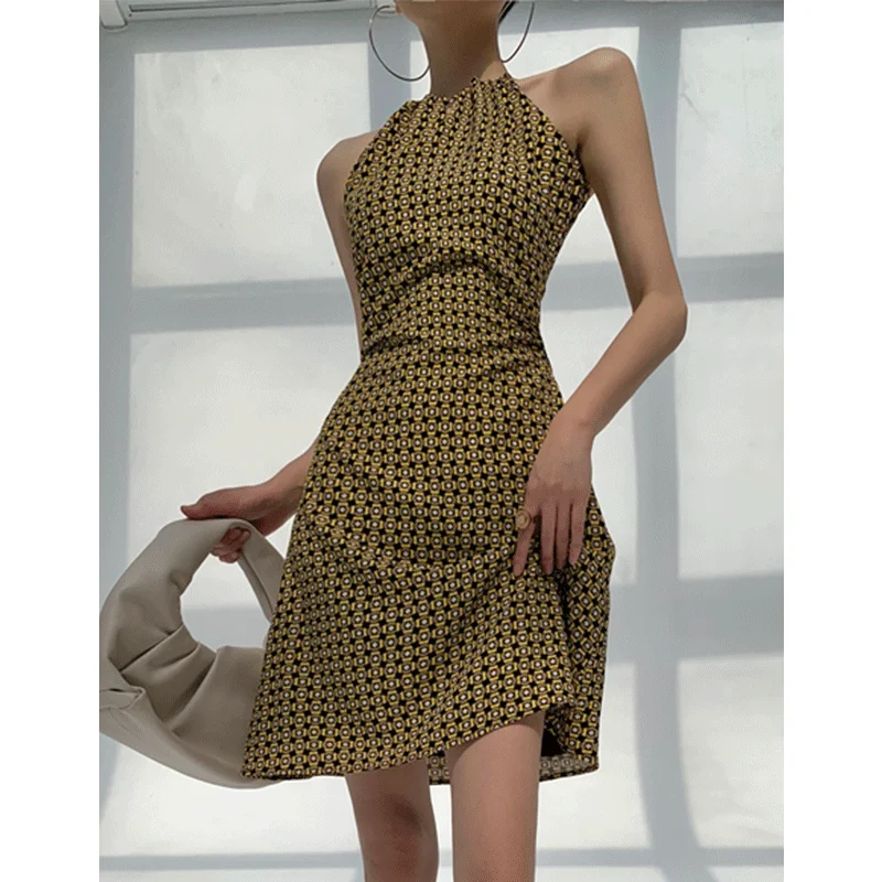 Robe moulante de vacances, imprimé géométrique, col licou, dos nu, ligne a, Slim, haut de gamme, courte, Simple, vêtements d'été pour femmes