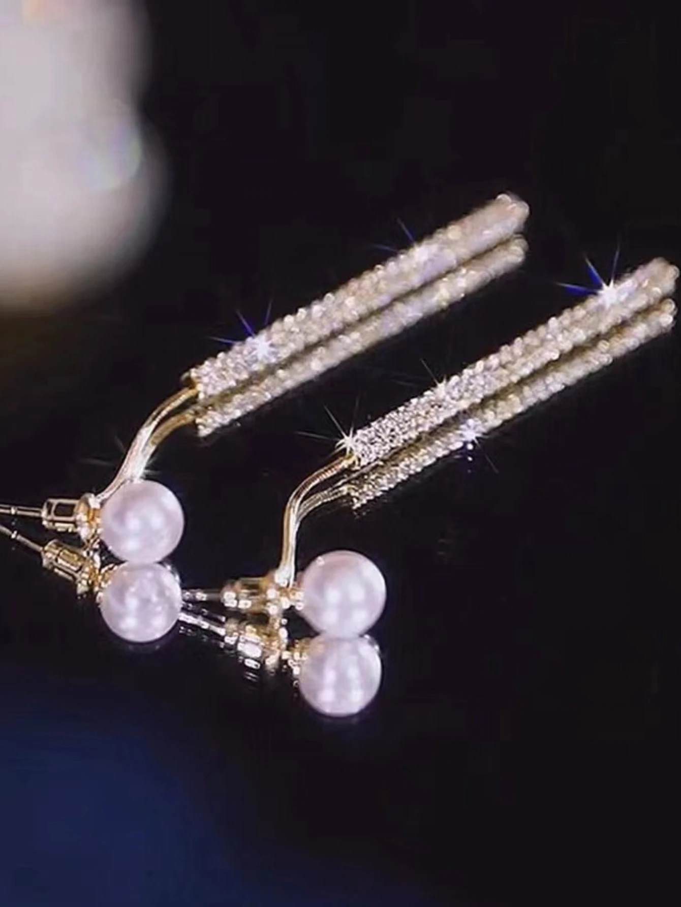 2pcs fashionable and high-end diamond pearl line earrings for women's daily dating accessories image 2