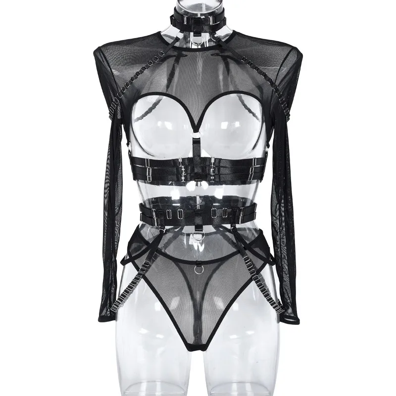 Toucheart Sexy Lingerie 3-Piece Set For Women Mesh Material Halter Girdle Kit Sexy Mesh Hollow Out Long Sleeves Underwear Suit