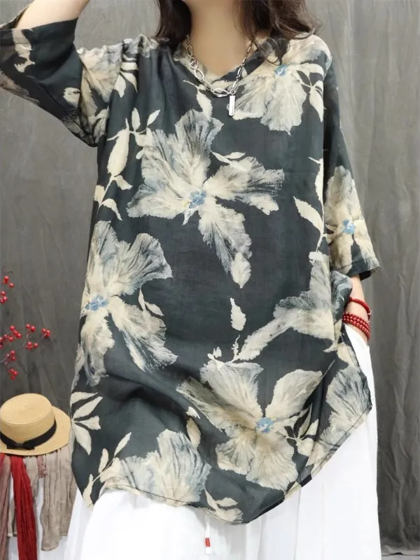 Retro Hemp Print irt Dr Casual Loose mid Sve V Ne Midi Length Top Summer Commute Sle Regular Sve Length