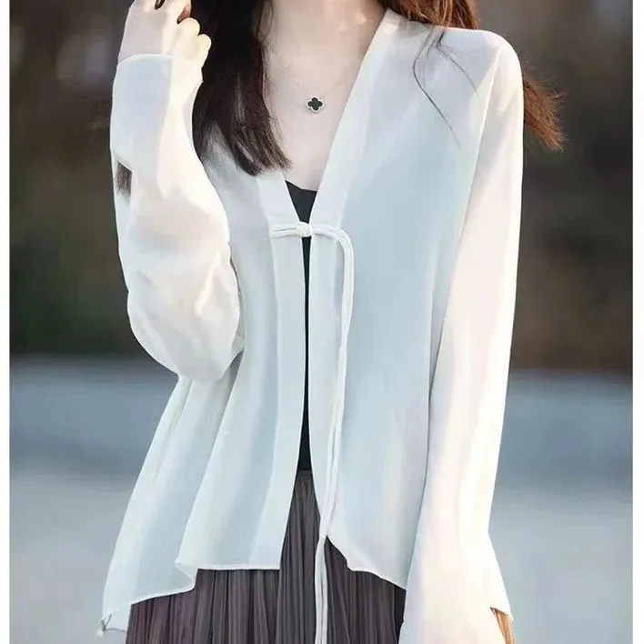 

New Chinese Style Sun Protection Long Sleeve Shirts Women Summer Thin Cotton Polyester Woven V-neck Open Cardigan Design