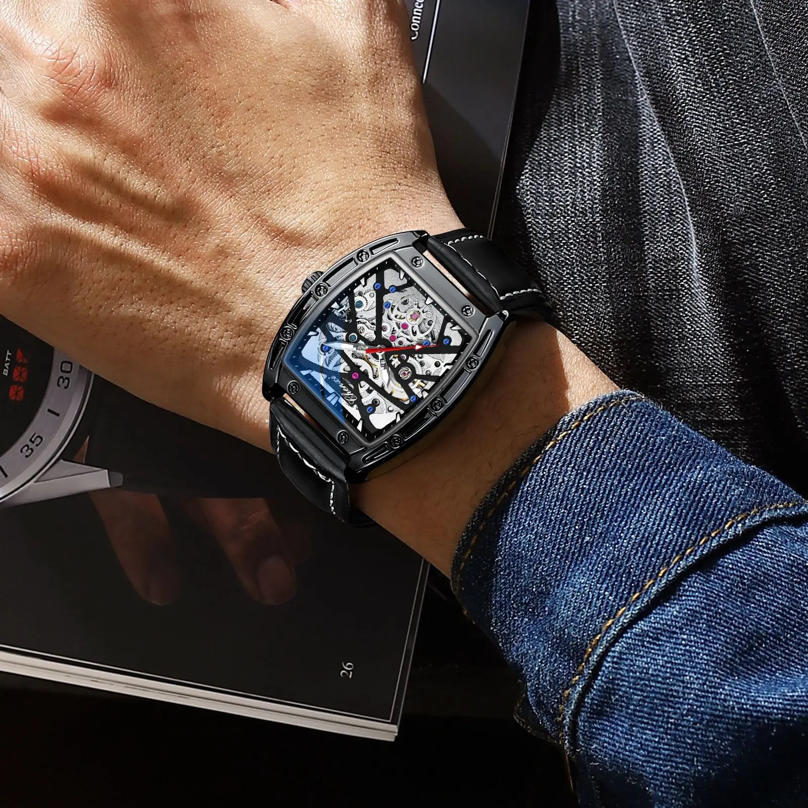 

Мужские механические часы в форме винной бочки, автоматические, кожаные, водонепроницаемые, светящиеся