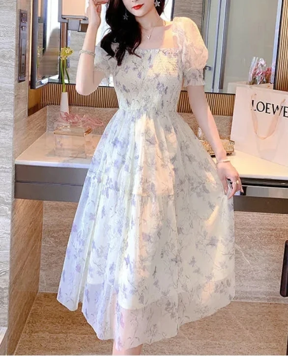 

High Quality 2024 New French Ink Painting Puff Sleeve Slimming Elegant Chiffon Dress For Women Waist-fitted Summer Dress