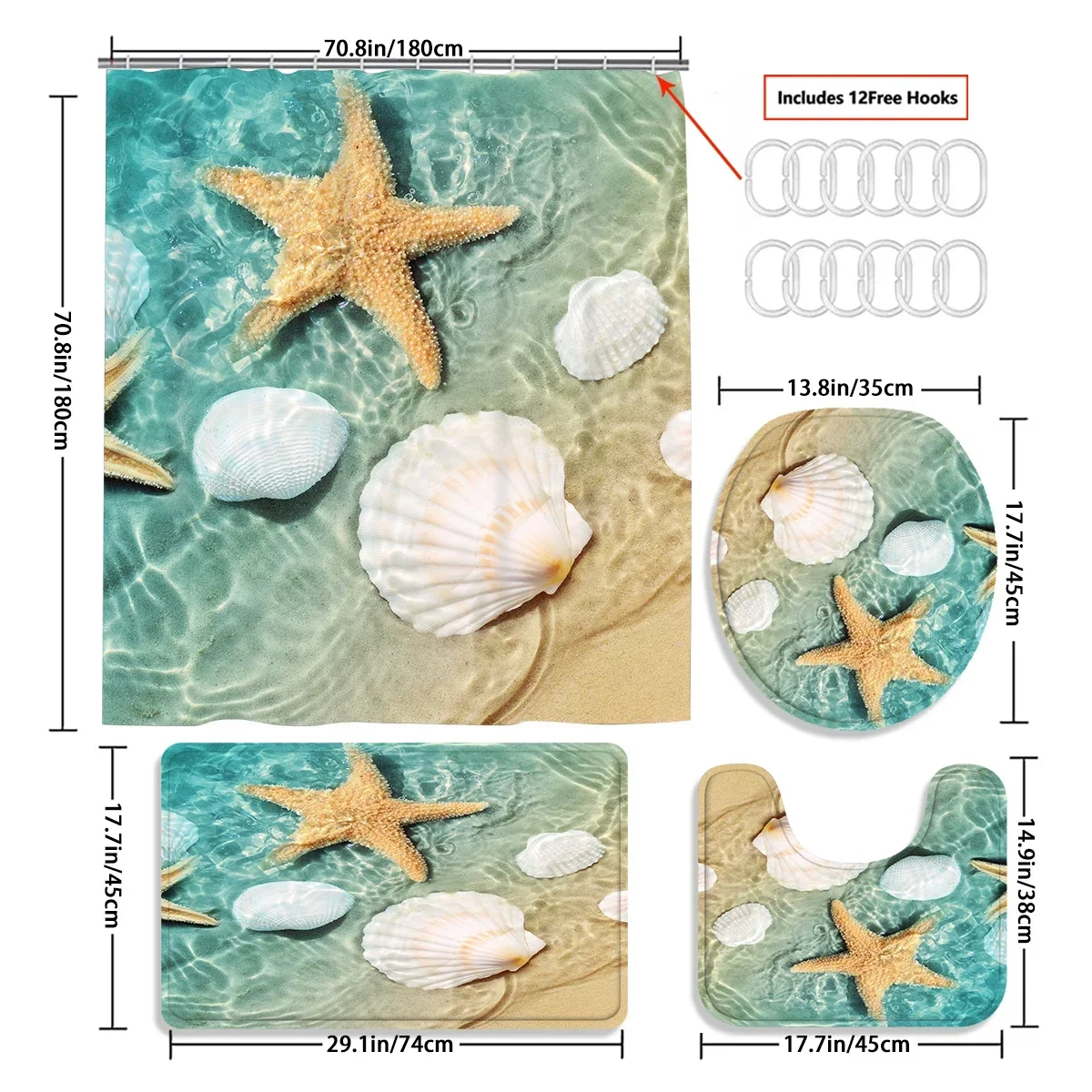 Starfish and Shell Bathroom 4-piece Set, Including Shower Curtain + Anti-slip Mat + Toilet Cover, Summer Ocean Atmosphere