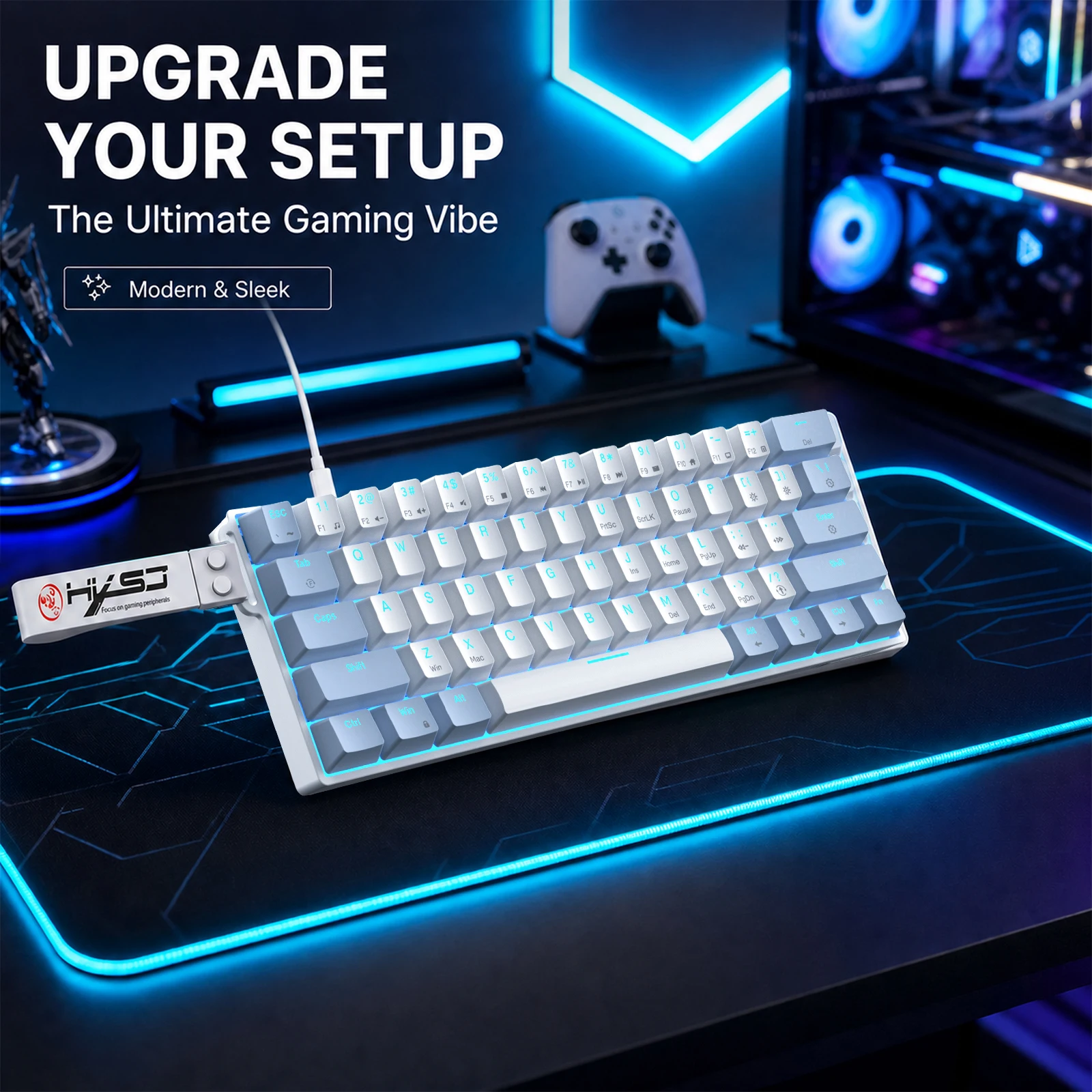 FocusOnPC 61 Keys Wired Mechanical Keyboard Detachable Type-C Cable RGB Backlit Blue/Red Switch Gaming Keyboard for PC Laptop