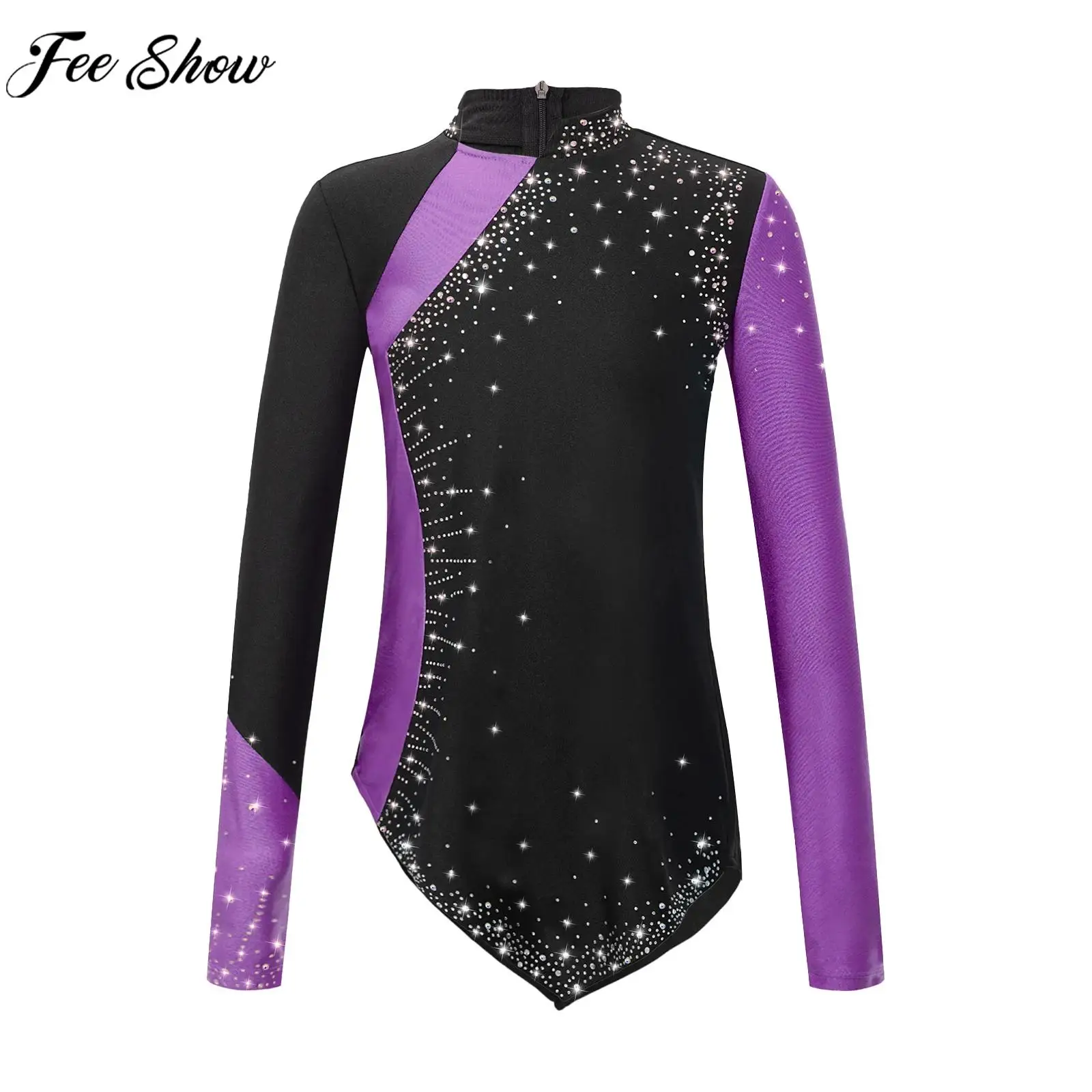 Children Girls Figure Skating Dance Tops Ballet Rhythmic Gymnastics Acrobatics Dancewear Long Sleeve Shiny Rhinestone Sweatshirt