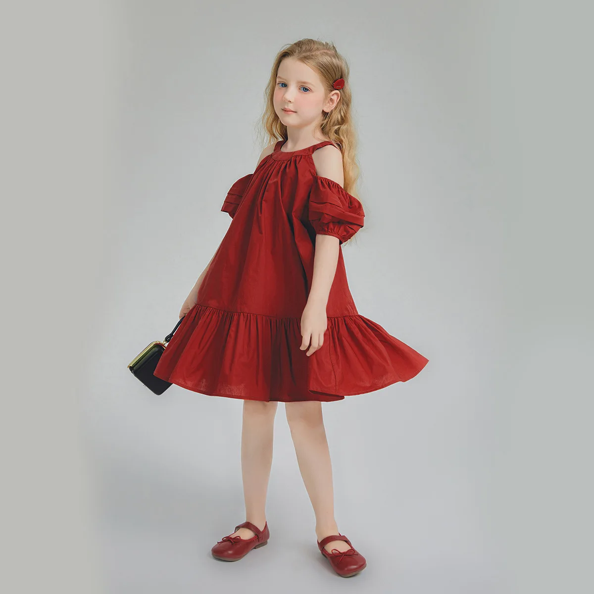 Summer School Girl Dress Elementary Girl Bubble Sleeve O-neck One-oiece Dress Children Girl Solid Cotton Princess Dress