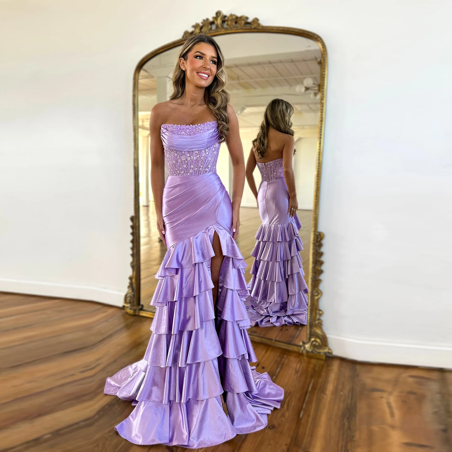 

Sharon Said Charming Lilac Satin Strapless Mermaid Prom Dress with Slit Long Women Evening Graduation Gowns SH289 Customized