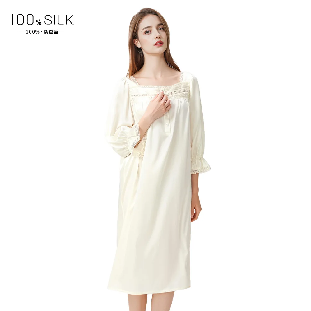 Summer New Women 100% Mulberry Silk Nightgown French Square Neck Puff Sleeve Loose Princess Dress Luxury Home Loungewear view 5