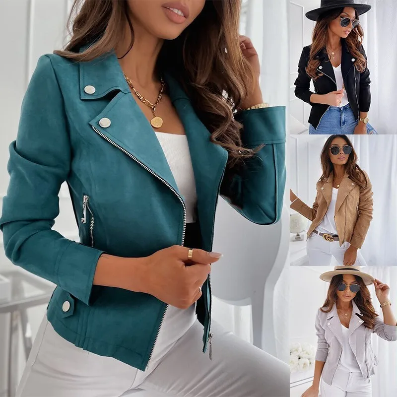 Women's Casual Solid Color Medium Weight Zipper Jacket with Notched Collar Long Sleeve Regular Fit Front Zipper Side Pockets