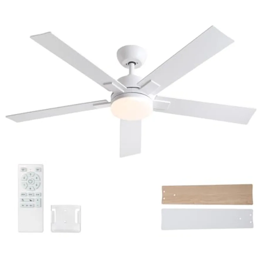 

52 Inch Ceiling Fan with Light and Remote for Bedroom, Living Room Covered Outdoor: White Modern DC Motor Fan, 6-Speed Reversib