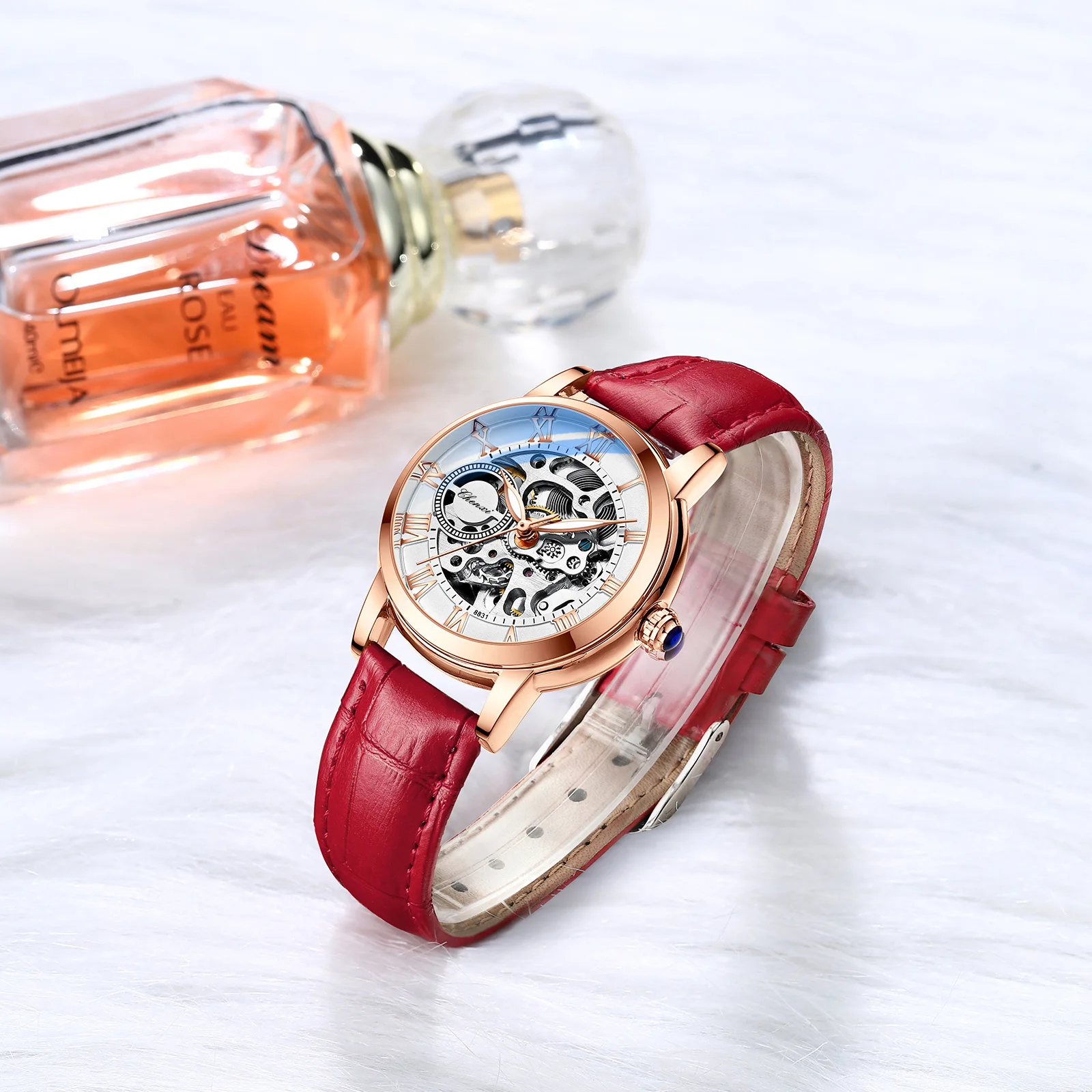 2026 new leather women's watch casual luminous waterproof automatic hollow mechanical watch mechanical women's watch