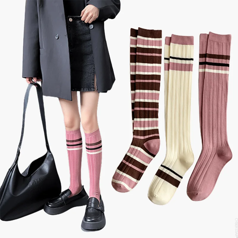 Pink striped socks, long leg and knee length socks, minimalist spring/summer cotton socks