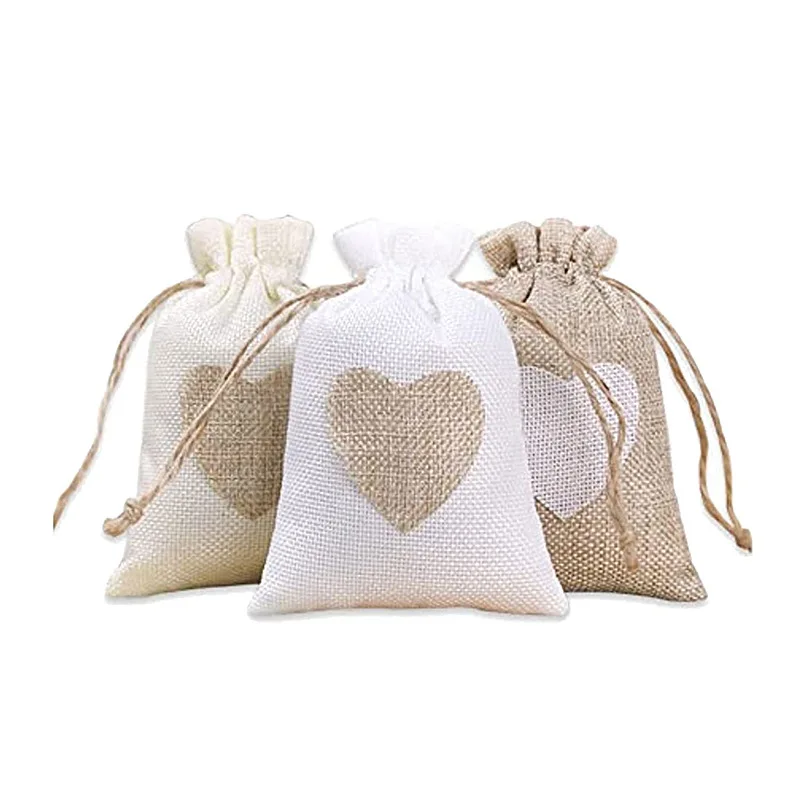 50pcs/Lot 8x10, 9x12, 10x15cm Valentine's Day Gift Linen Bag Heart Love Jute Pouches For Wedding Party Candy Packaging Sacks