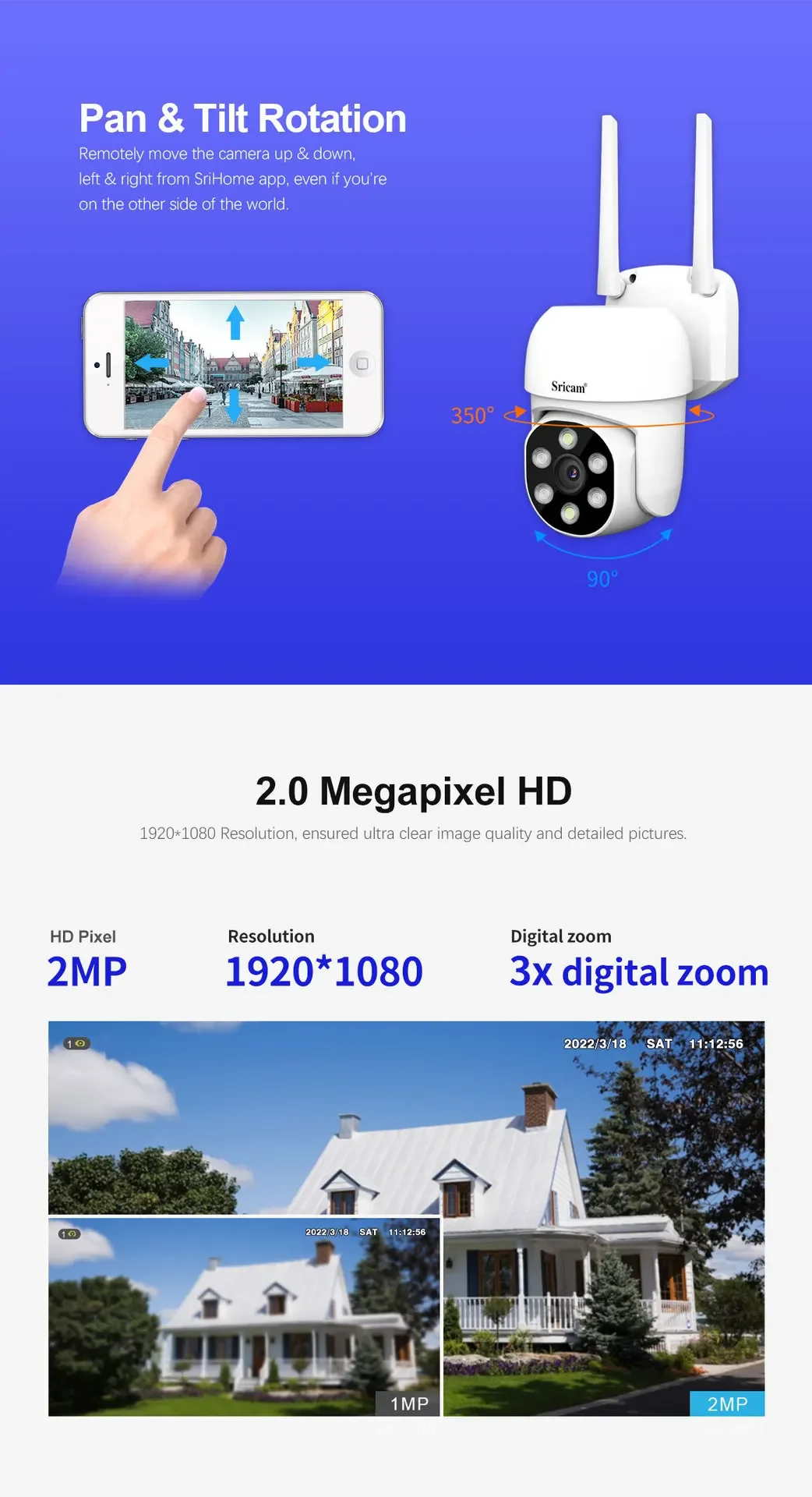 Srihome SP030 2-мегапиксельная PTZ Wi-Fi IP-камера 350 ° +90 °   3-кратный зум AI Обнаружение человека Беспроводные камеры видеонаблюдения Защитная камера безопасности