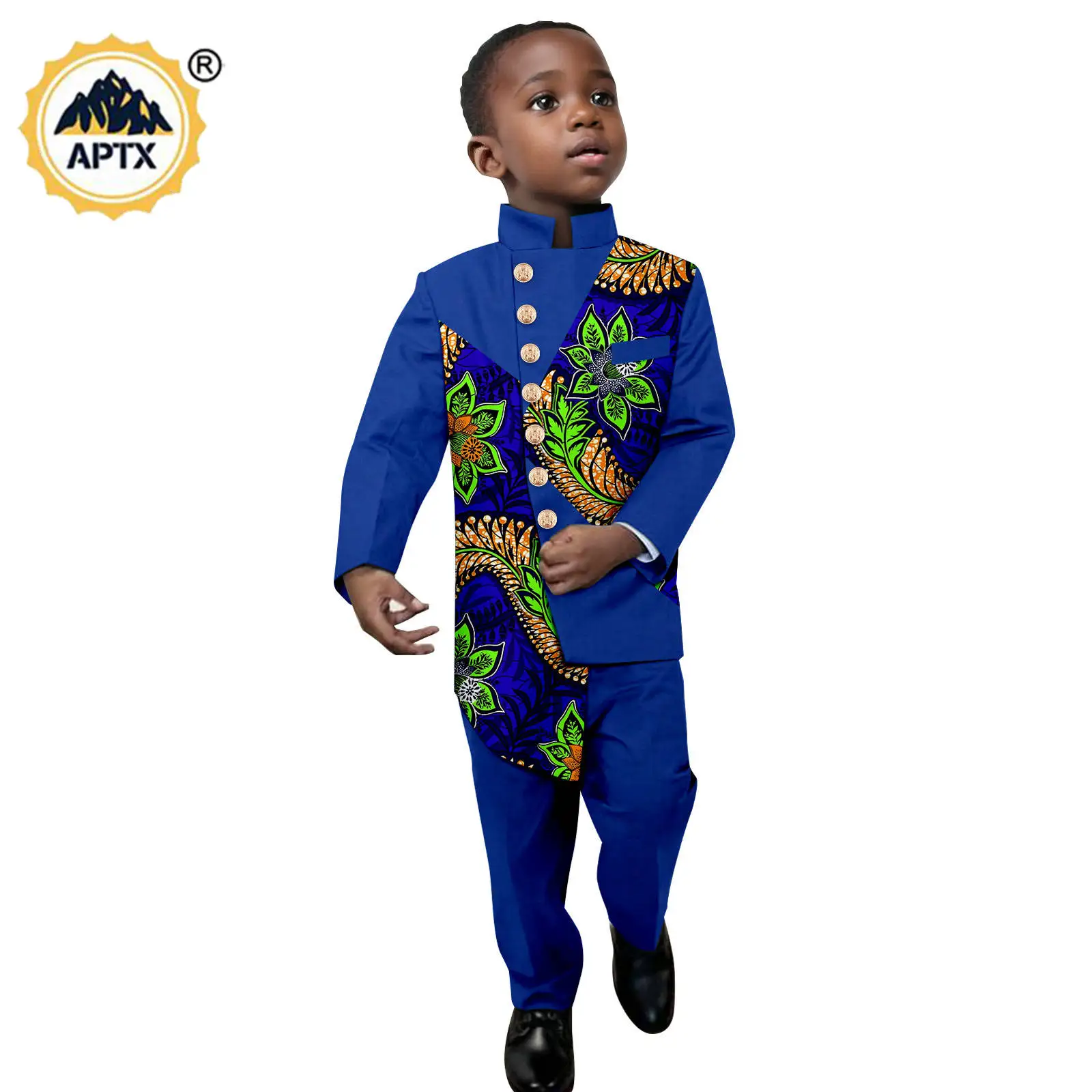 African Children's Clothing Boys' Suit Dashiki Stand Collar Irregular Hem Color-Block Top and Pants Set Bazin Riche 2446046