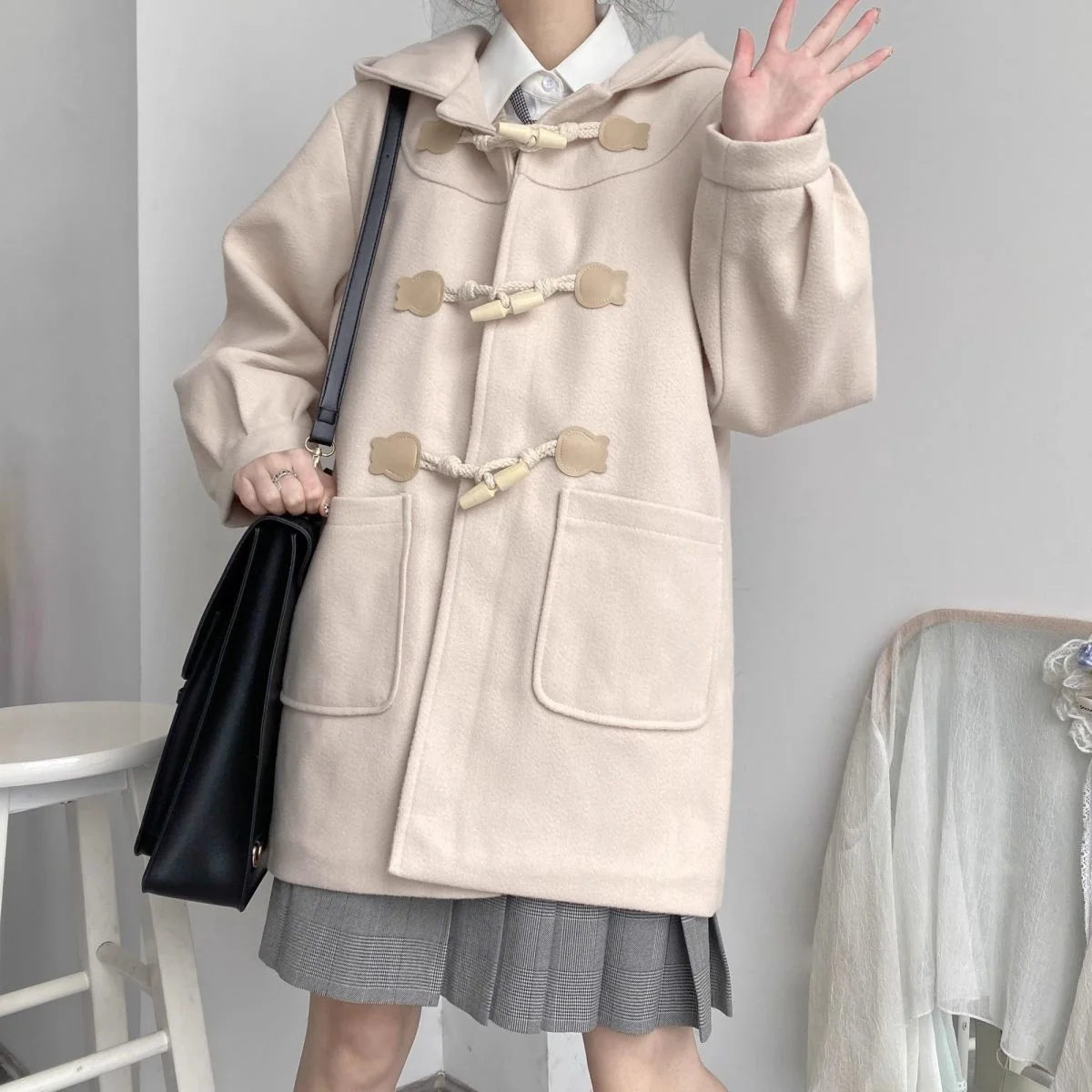 Cute Girl Spring And Autumn New Medium And Long Styles Horn Button Coat Collection Casual Fashion Trends Versatile Lazy Wind