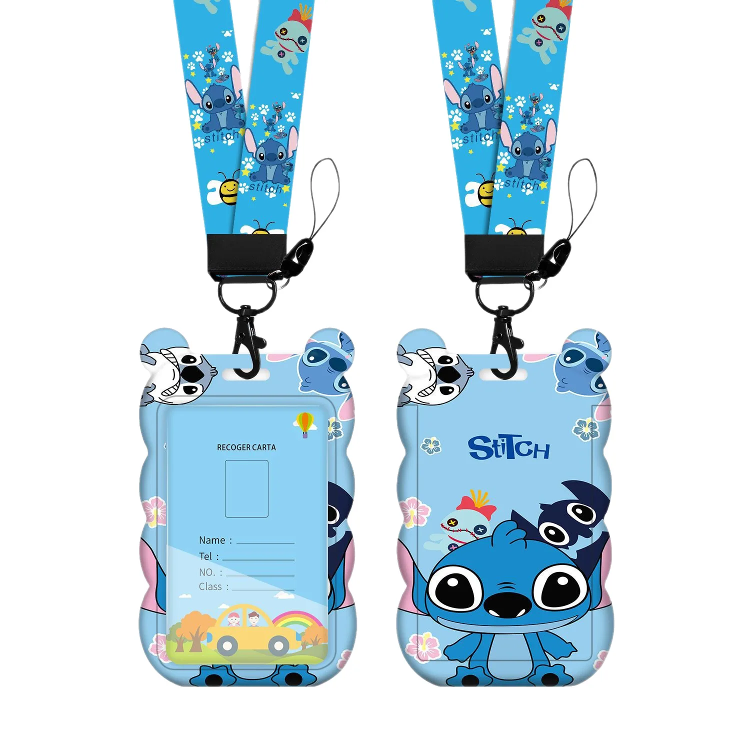 새로운 디즈니 스티치 카드 홀더 귀여운 버스 및 지하철 카드 세트 긴 끈과 목걸이형 유치원 ID 포함