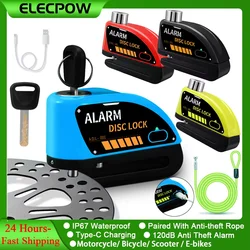 Elepow-Bike Motorcycle Alarm, Bloqueio do freio a disco, 120dB Recarregável, Bicicleta Moto, Anti Theft Alarm System, Acessórios de moto