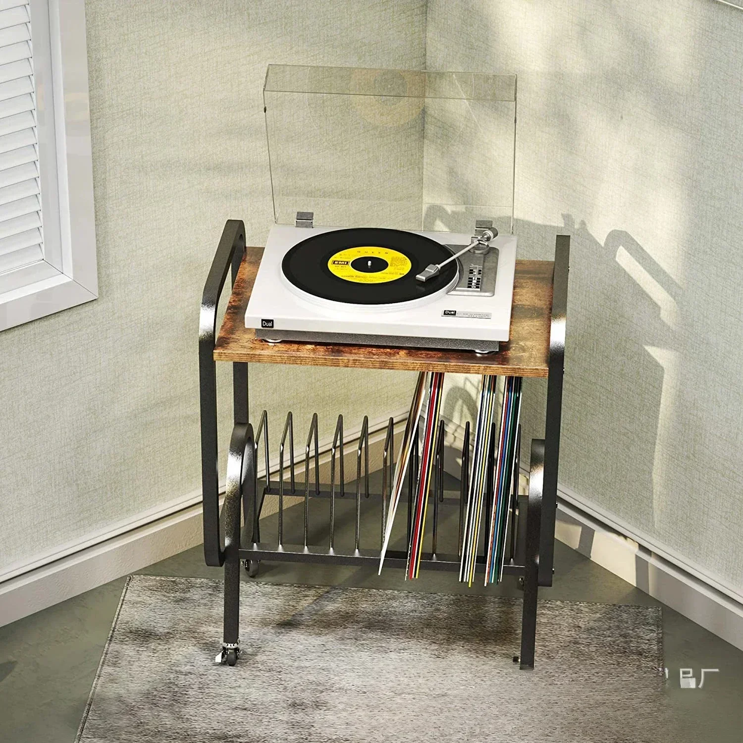 Home vinyl record storage rack, bedroom, living room, iron art small side table storage rack, creative magazine and newspaper st