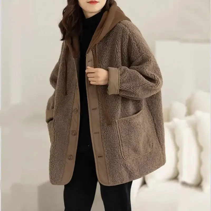 

Lamb Wool Fleece Hooded Cotton-padded Jacket Coat Autumn Winter Women Clothes Patchwork Oversize Warm Fake Two Pieces Sweatshirt