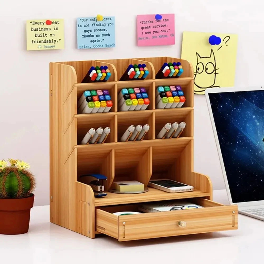 

1pc Wooden Desk Organizer Multi-Functional DIY Pen Holder Storage Box Desktop Stationary Storage Rack for Home Office and School