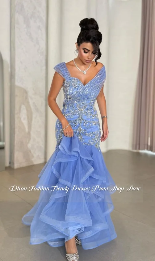 Robe de soirée de luxe personnalisée du moyen-orient, épaules dénudées, perles brodées, robe de bal bleue, robe de soirée de mariage