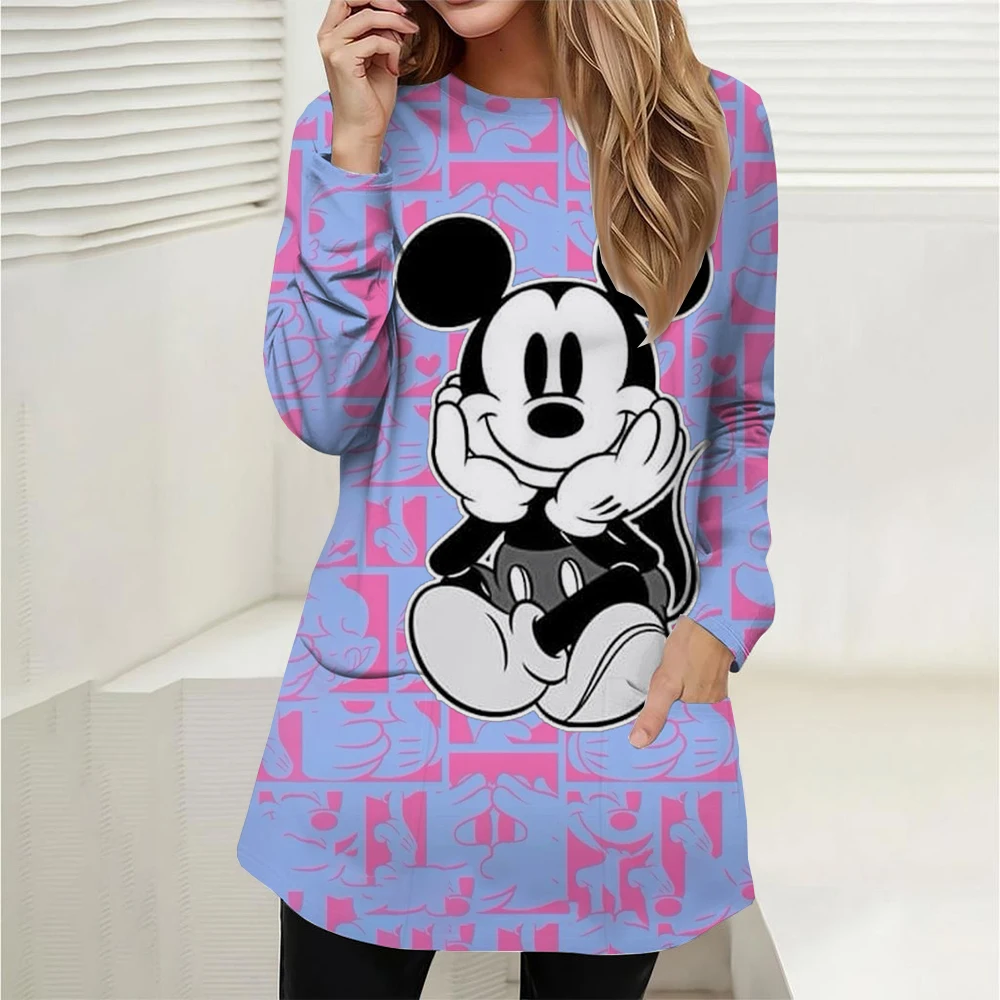 New Large Women's Long Sleeve Pocket Round Neck Waist Top T-shirt Disney Mickey Mouse Loose Casual Fashion Loose Women's Shirt