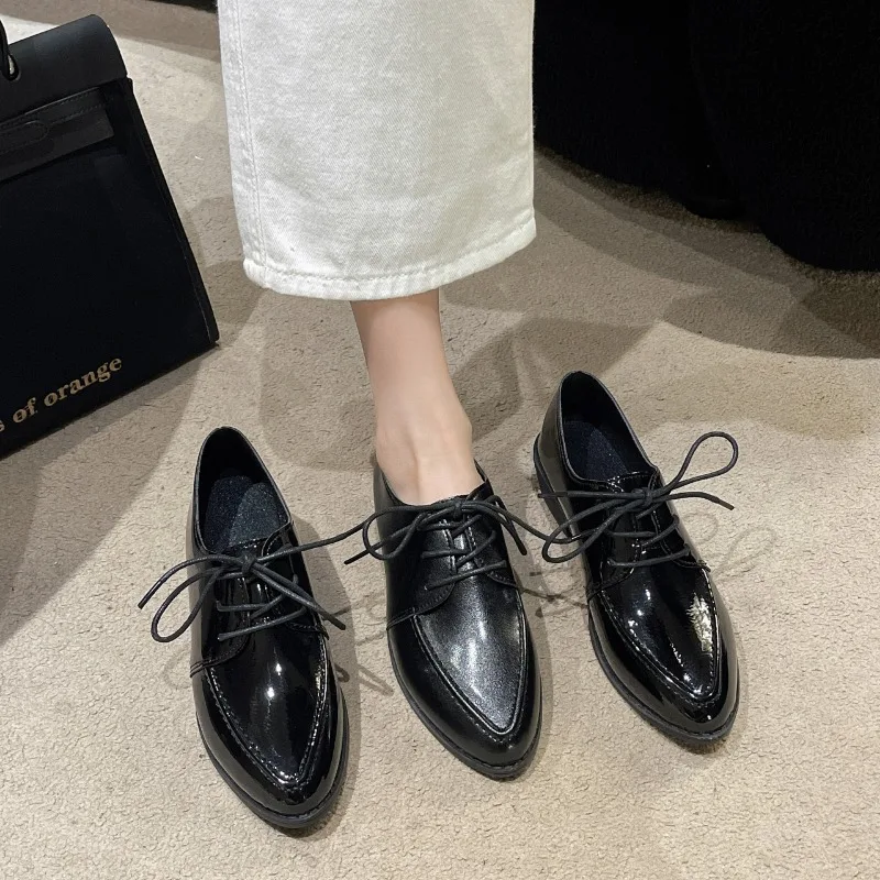 2024 NEW Genuine Leather shoes women square heel pointed toe oxford shoes casual fashion ladies dress shoes