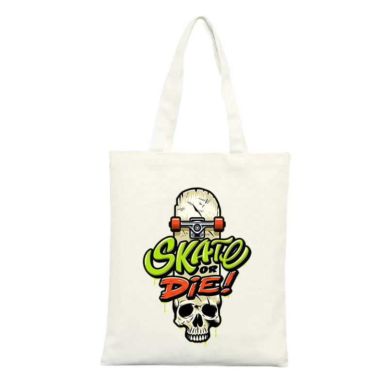 Canvas Tote Bag with Skull and Skateboard Graphic, Streetwear Style for Casual Outings and Daily Use