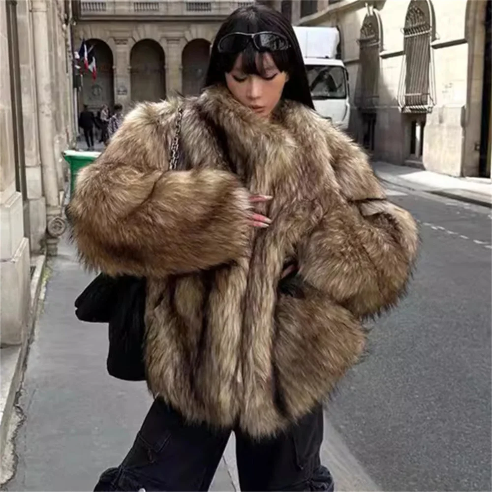 Winter namaakbontjassen Dames Winter Nieuw in jassen V-hals Volledige mouwen Pluche pluizige dameskleding Warme milieuvriendelijke bovenkleding