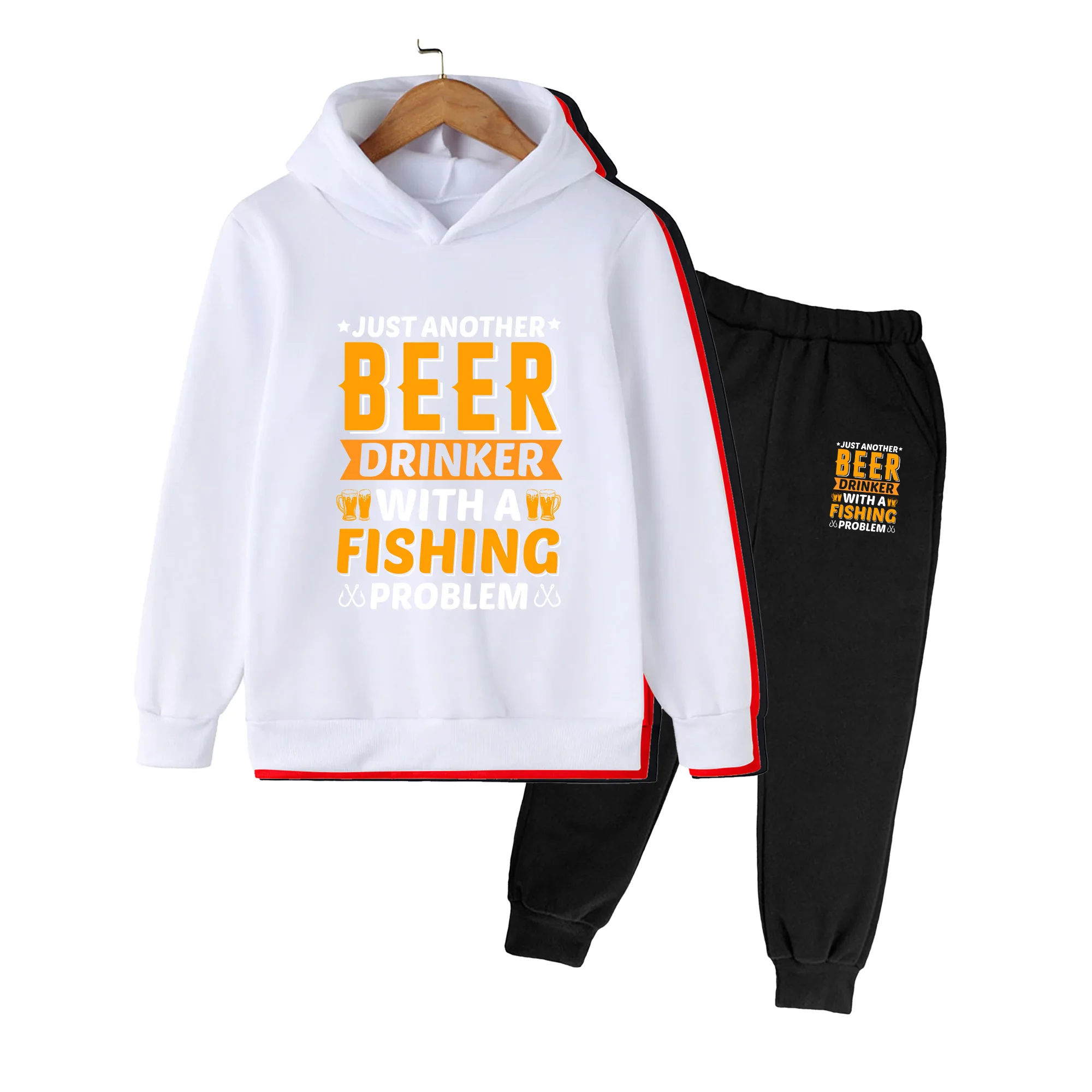 Kids Hoodie & Pants Set, BEER DRINKER FISHING Print Casual Sportswear for Boys Girls Outdoor Daily Wear
