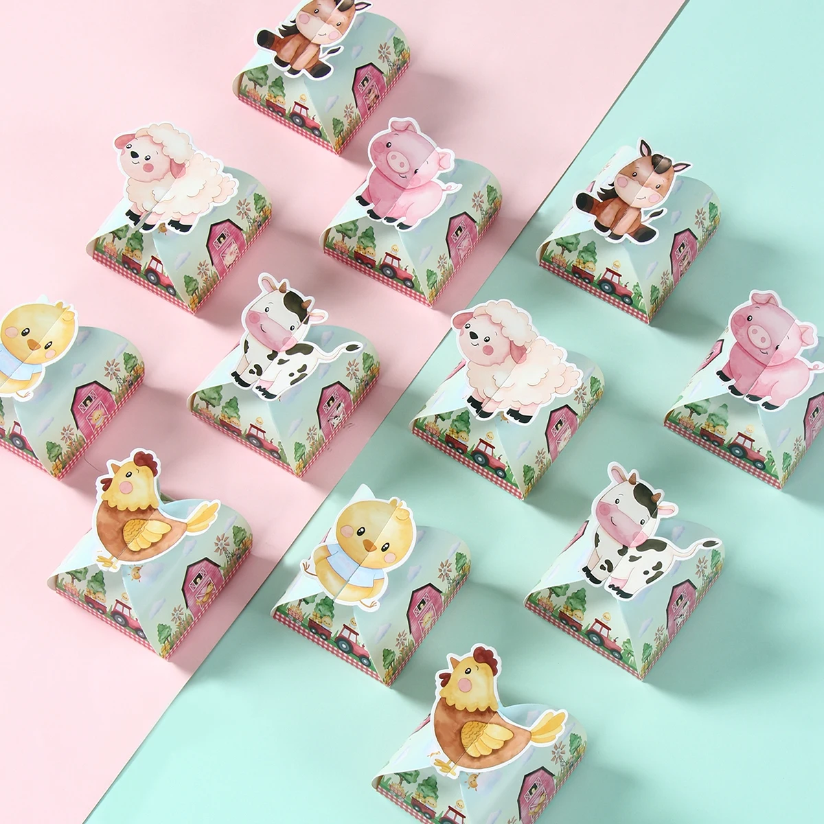 12 Uds. Caja de regalo de galletas y pasteles de caramelo de papel con tema de granja, bolsa de embalaje de animales de dibujos animados, decoración para cumpleaños, boda, suministros para fiesta, Baby Shower